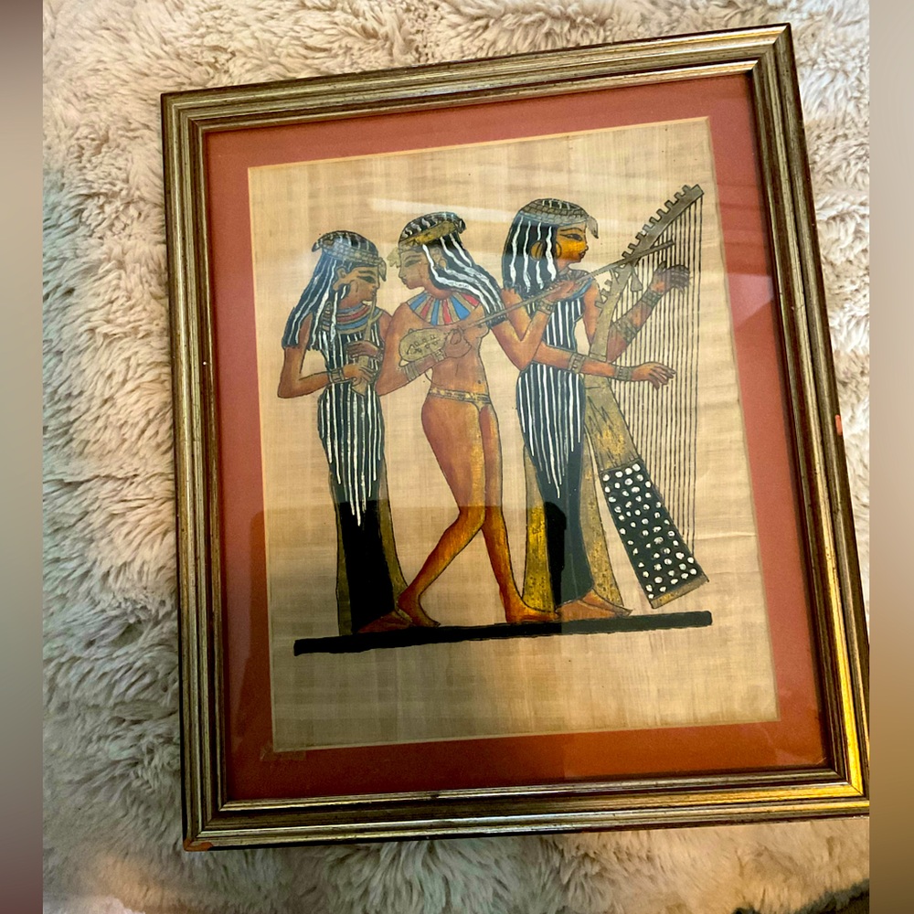 Authentic vintage Egyptian Papyrus Painting Framed 3 Musicians